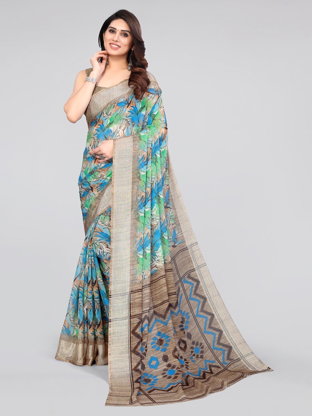 

KALINI Printed Floral Saree, Turquoise blue