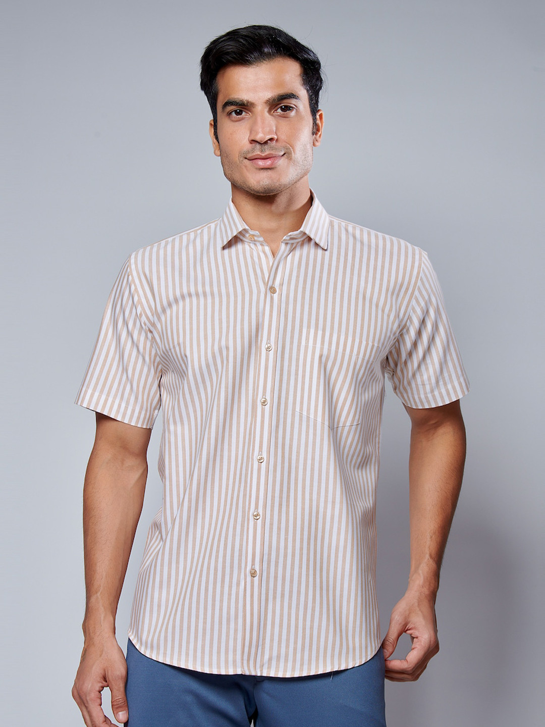 

MARK & ALBERT Men Classic Slim Fit Striped Casual Shirt, Beige