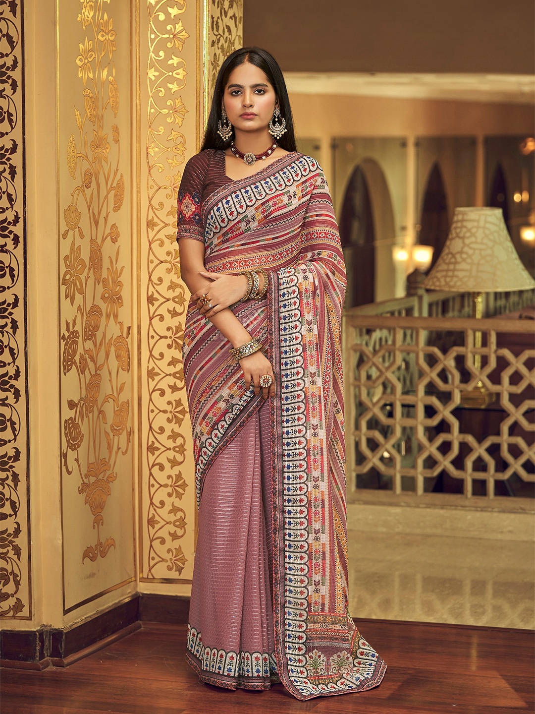 

Vrundavan ethics Pink & White Floral Sequinned Pure Georgette Leheriya Saree
