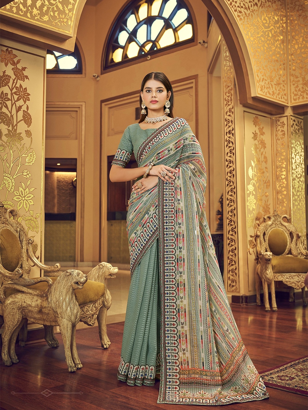

Vrundavan ethics Grey & Pink Ethnic Motifs Sequinned Pure Georgette Leheriya Saree