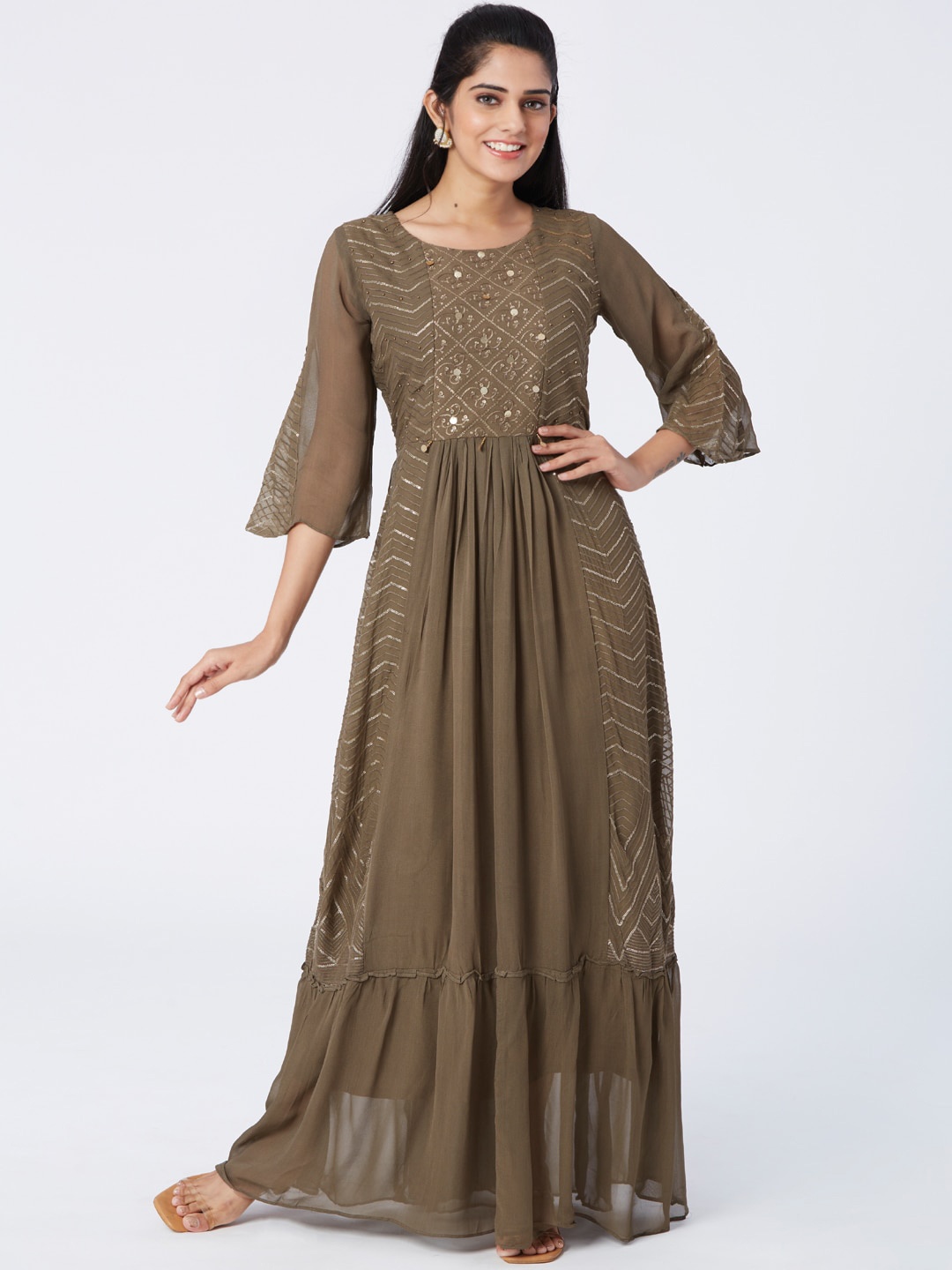 

taruni Ethnic Motifs Embroidered Bell Sleeves Round Neck Anarkali Kurta, Brown