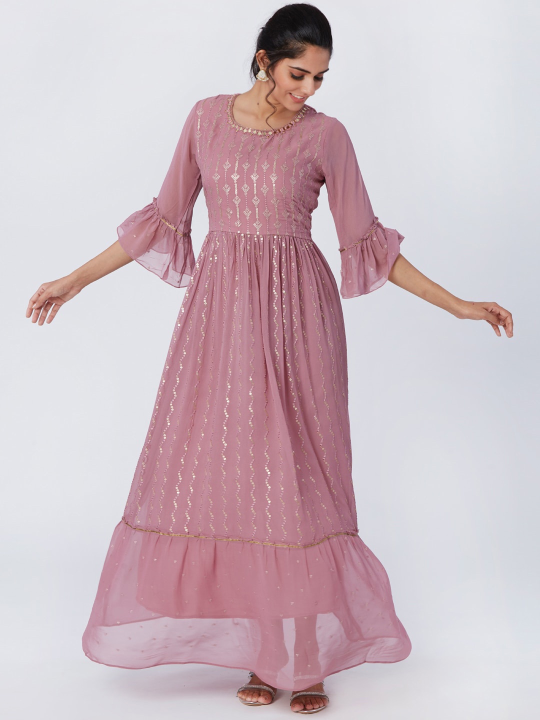 

taruni Embellished Bell Sleeves Georgette Anarkali Kurta, Pink