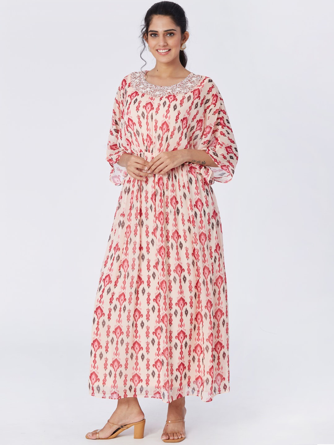 

taruni Ethnic Printed Flared Sleeves Round Neck Anarkali Kurta, Beige