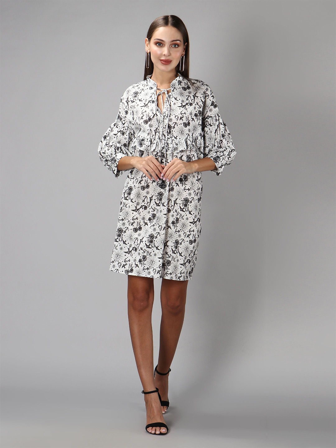 

Amagyaa Floral Tie-Up Neck A-Line Dress, White