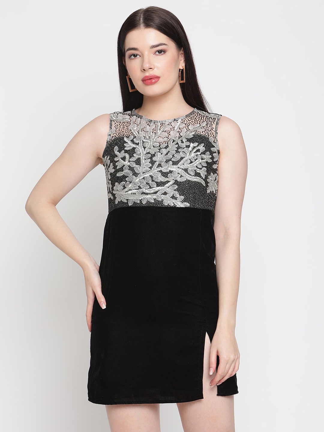 

Amagyaa Embroidered Velvet Sheath Mini Dress, Black