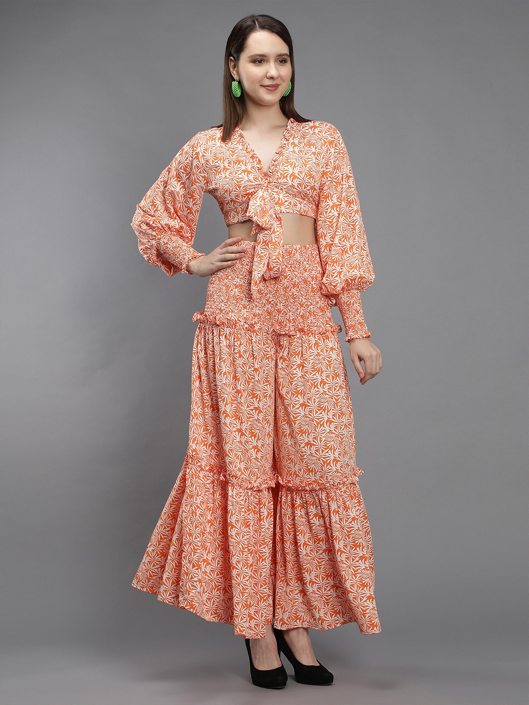 

Amagyaa Women Printed Top with Palazzos Co-Ords Set, Orange