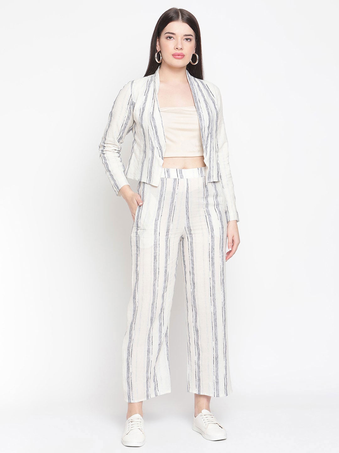 

Amagyaa Women Striped Pure Cotton Jacket with Trousers, Grey