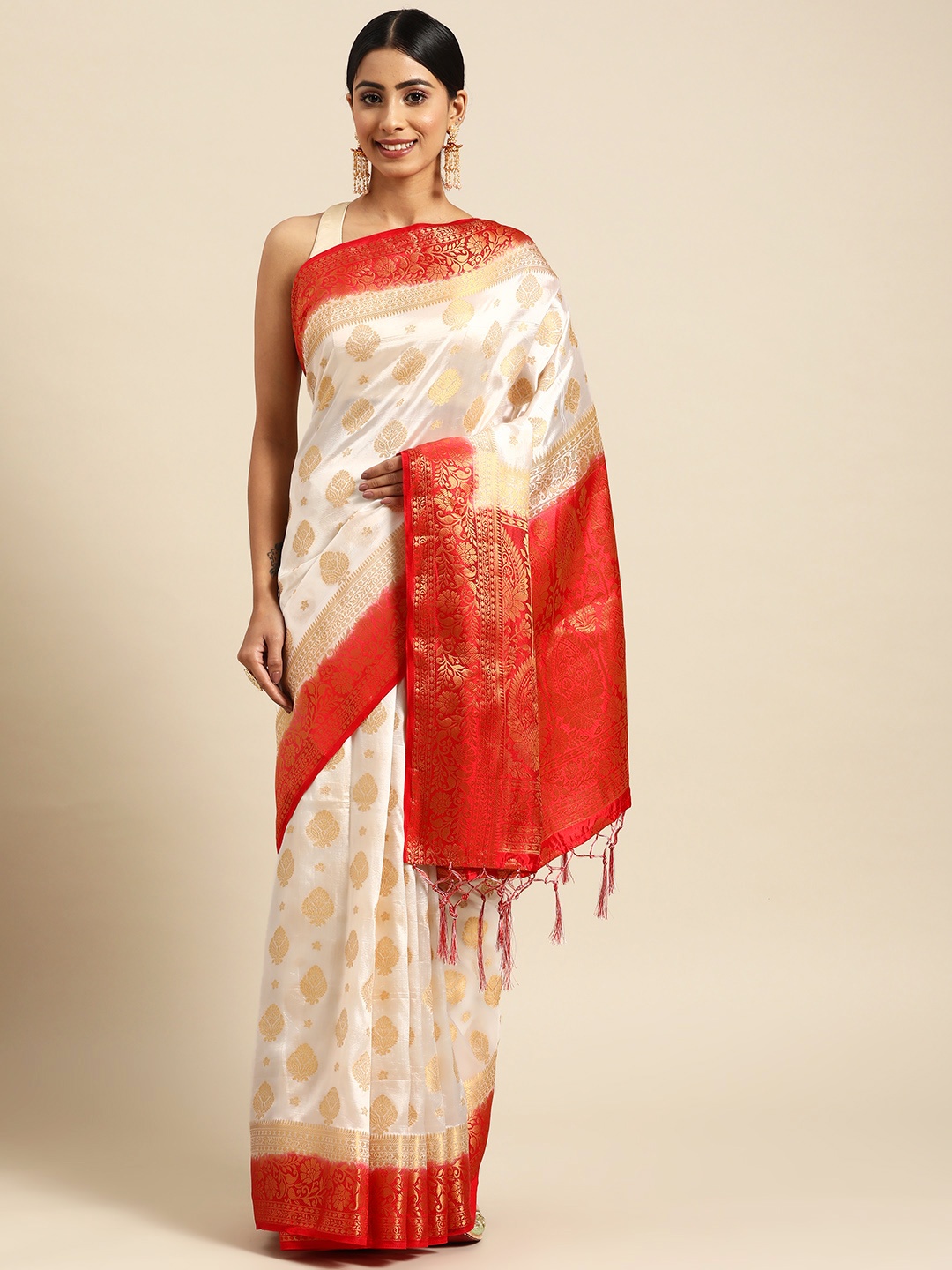 

Anaita Off White & Red Ethnic Motifs Zari Pure Silk Banarasi Saree