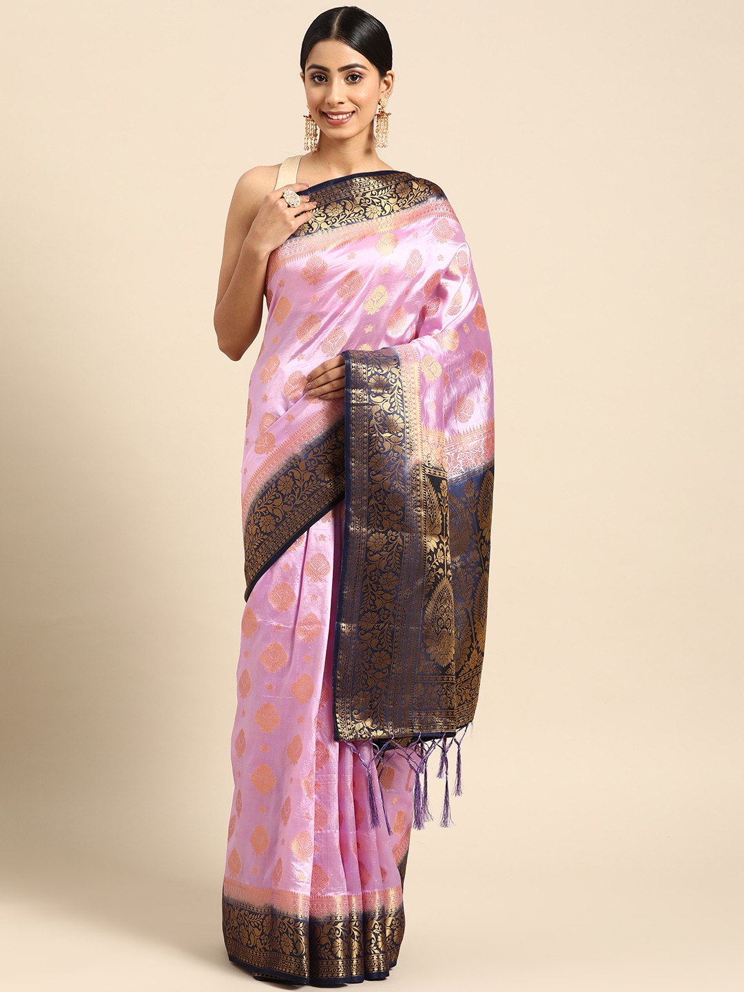 

Anaita Pink & Navy Blue Ethnic Motifs Zari Pure Silk Banarasi Saree