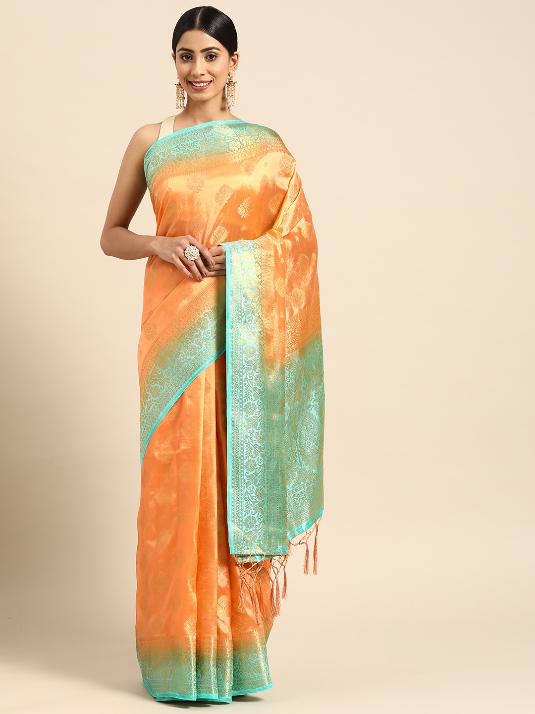 

Anaita Peach-Coloured & Sea Green Ethnic Motifs Zari Pure Silk Banarasi Saree