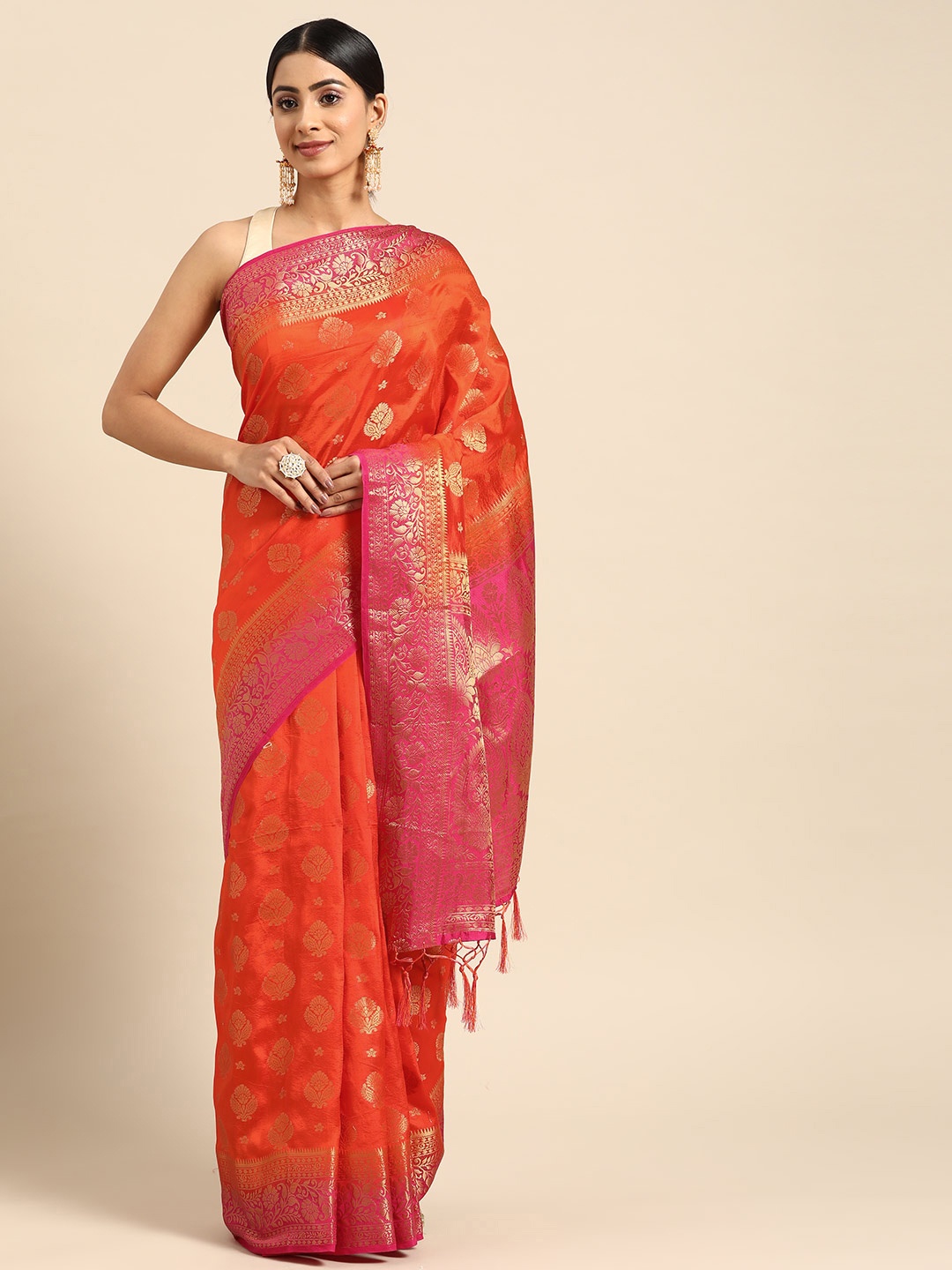 

Anaita Orange & Pink Ethnic Motifs Zari Pure Silk Banarasi Saree