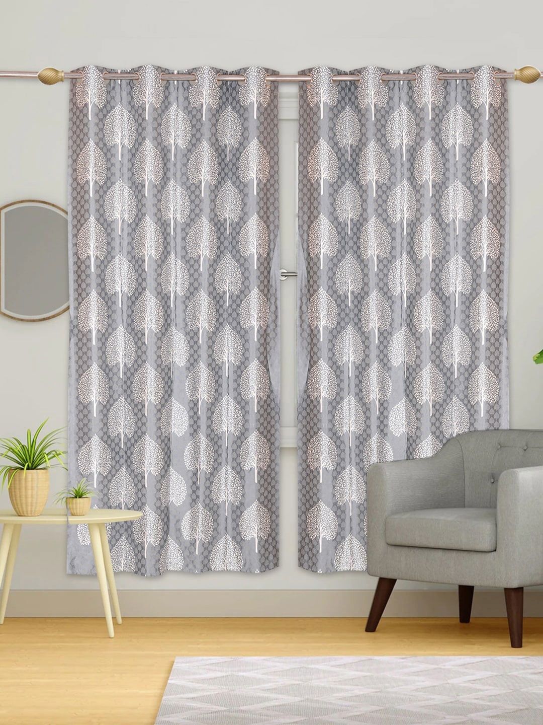 

Urban Magic Grey & White Set of 2 Floral Cotton Room Darkening Door Curtain