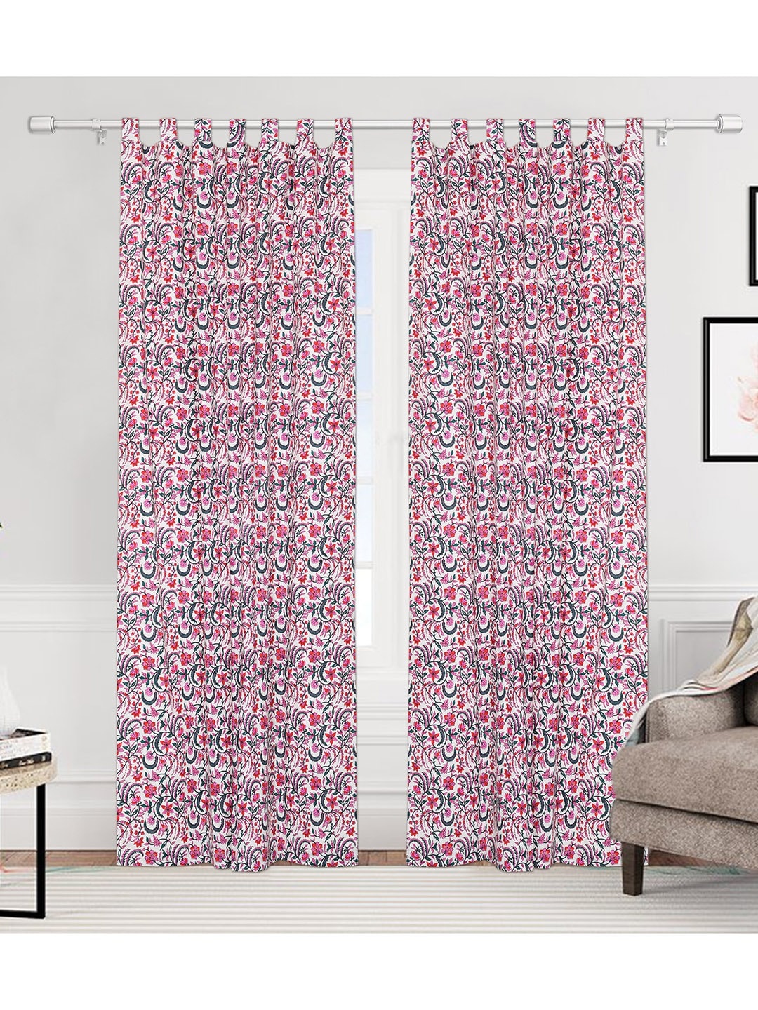 

Urban Magic White & Pink Set of 2 Floral Cotton Room Darkening Long Door Curtain