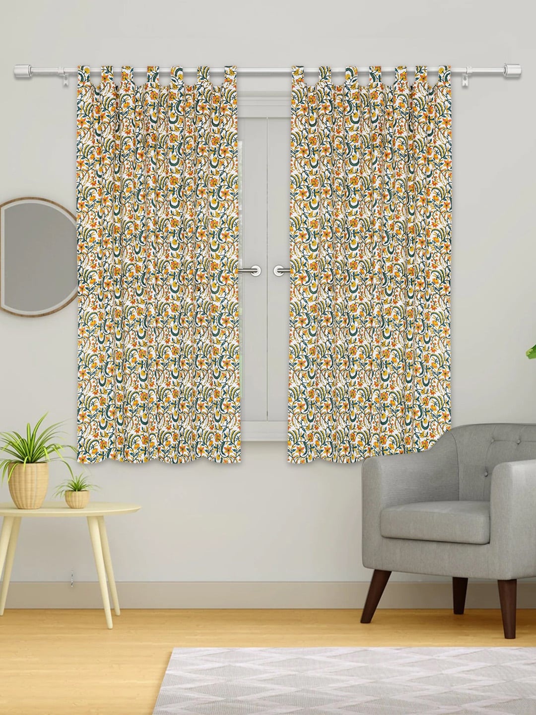 

Urban Magic White & Yellow Set of 2 Floral Cotton Room Darkening Window Curtain