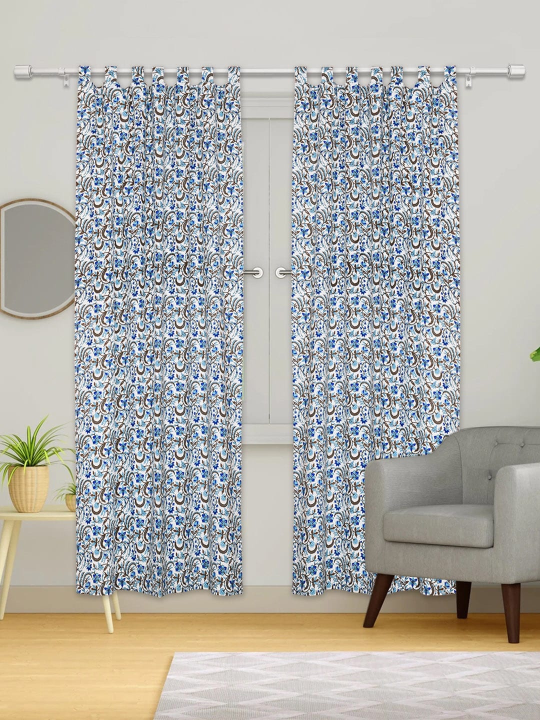 

Urban Magic White & Blue Set of 4 Floral Cotton Room Darkening Door Curtain