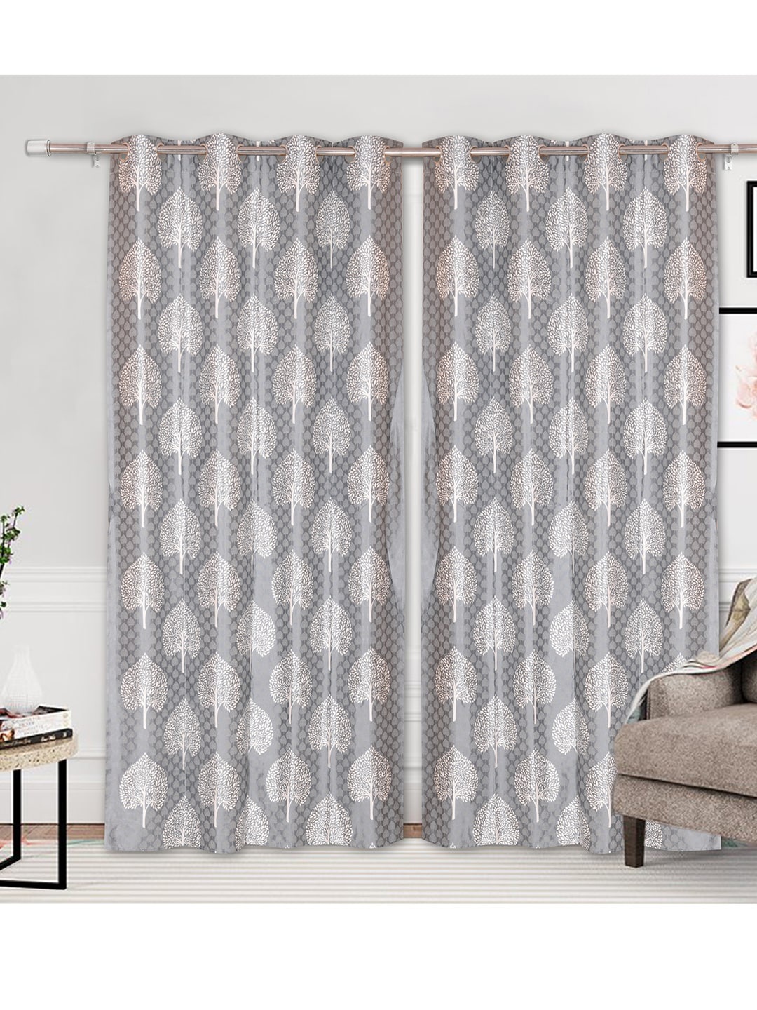 

Urban Magic Grey & White Set of 4 Floral Cotton Room Darkening Long Door Curtain