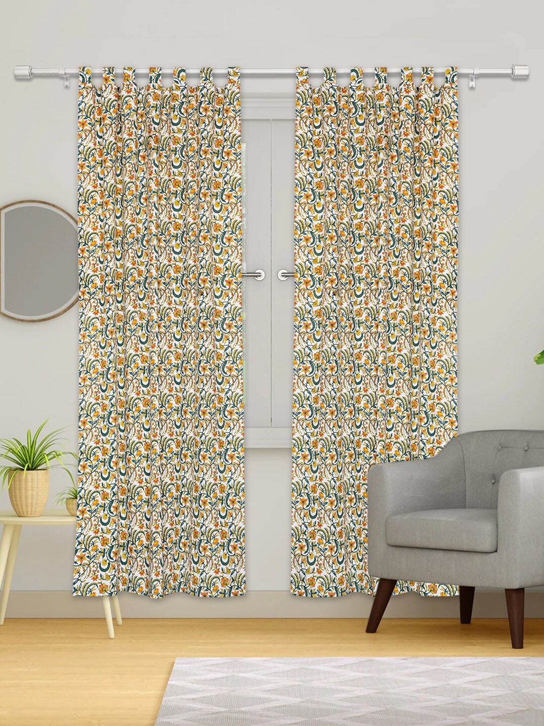 

Urban Magic White & Yellow Set of 4 Floral Cotton Room Darkening Door Curtain