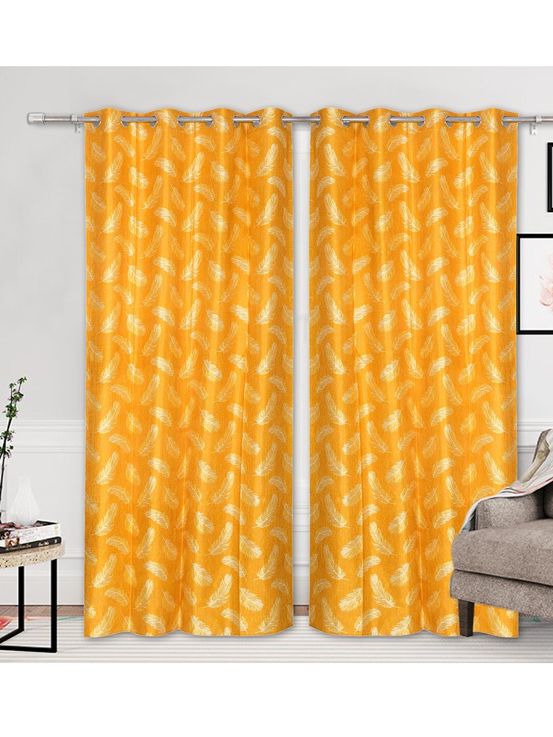 

Urban Magic Yellow & White Set of 2 Floral Cotton Room Darkening Long Door Curtain