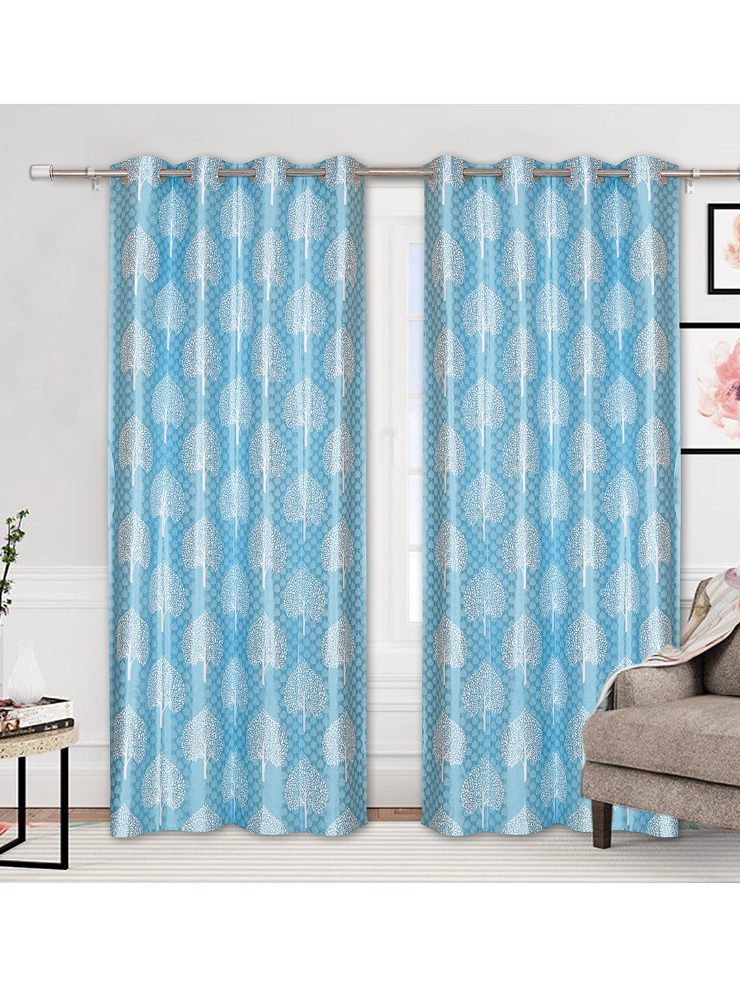 

Urban Magic Blue & White Set of 2 Floral Cotton Room Darkening Long Door Curtain