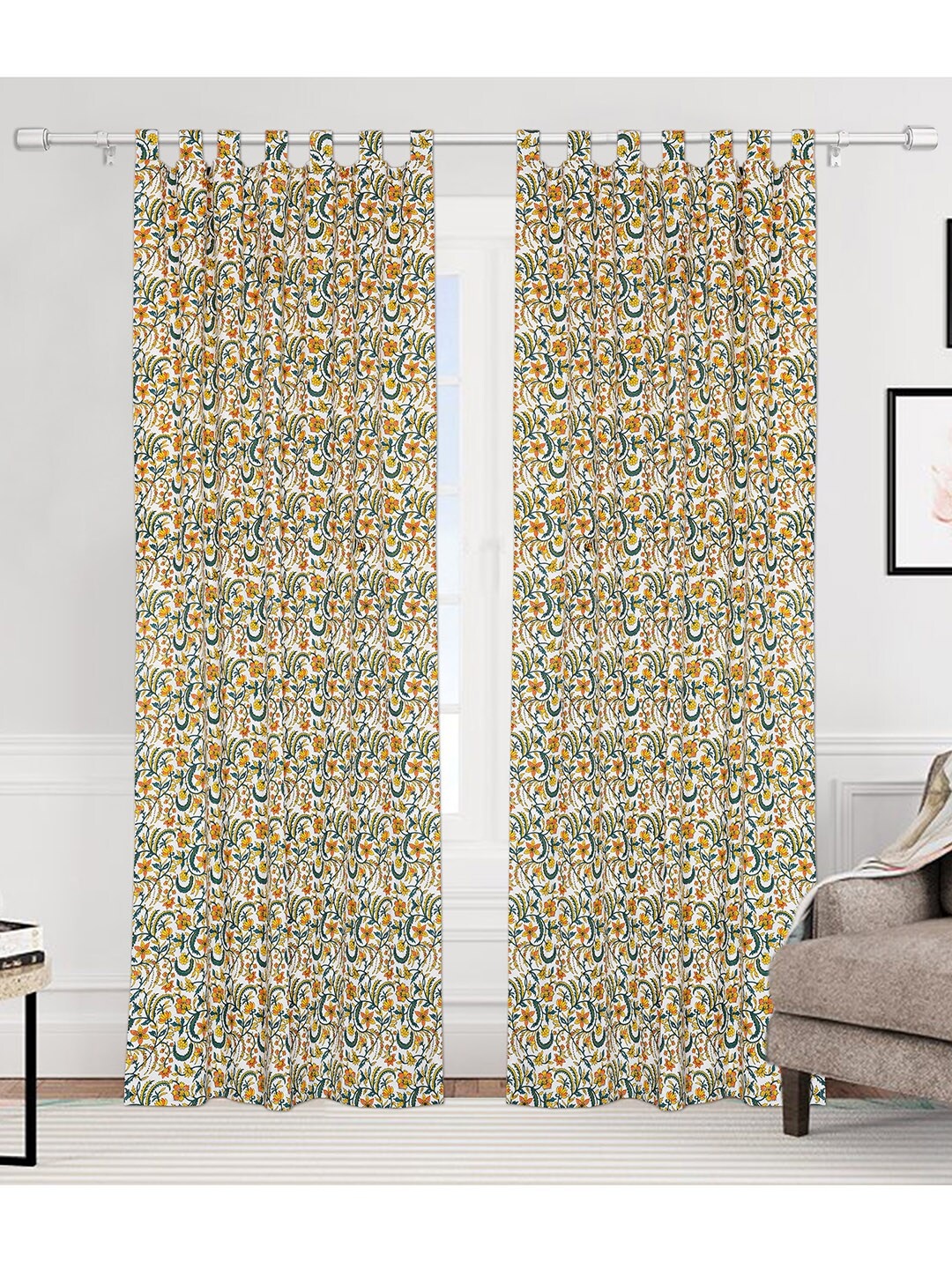 

Urban Magic White & Yellow Set of 4 Floral Cotton Room Darkening Long Door Curtain