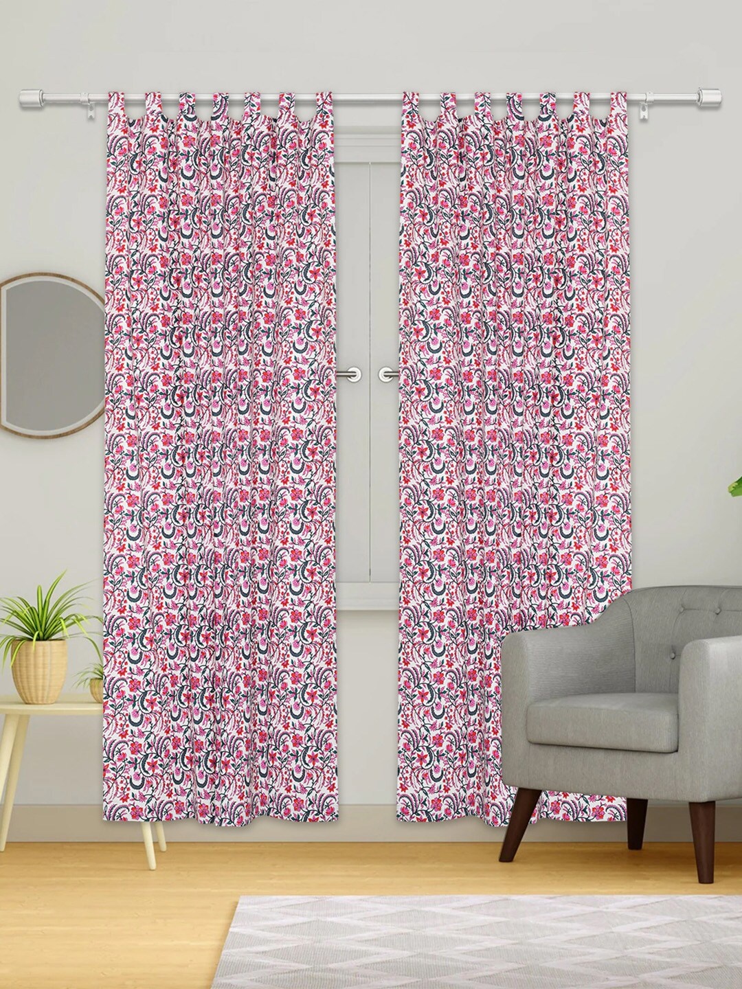 

Urban Magic White & Pink Set of 4 Floral Cotton Room Darkening Door Curtain