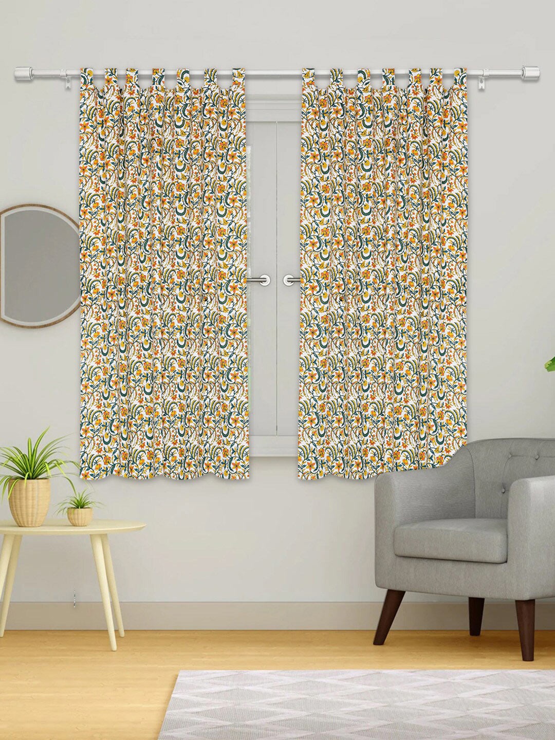 

Urban Magic White & Yellow Set of 4 Floral Cotton Room Darkening Window Curtain