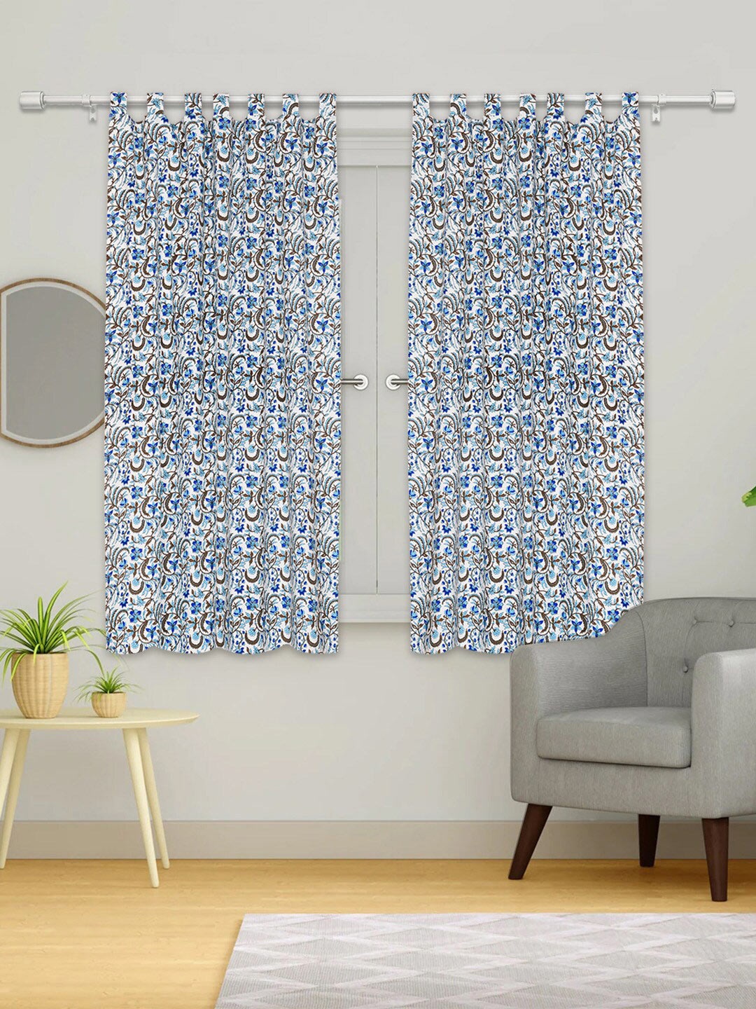 

Urban Magic Blue & White Set of 2 Floral Cotton Room Darkening Window Curtain