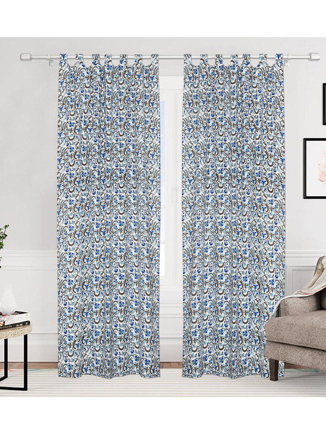 

Urban Magic White & Blue Set of 2 Floral Room Darkening Long Door Curtain