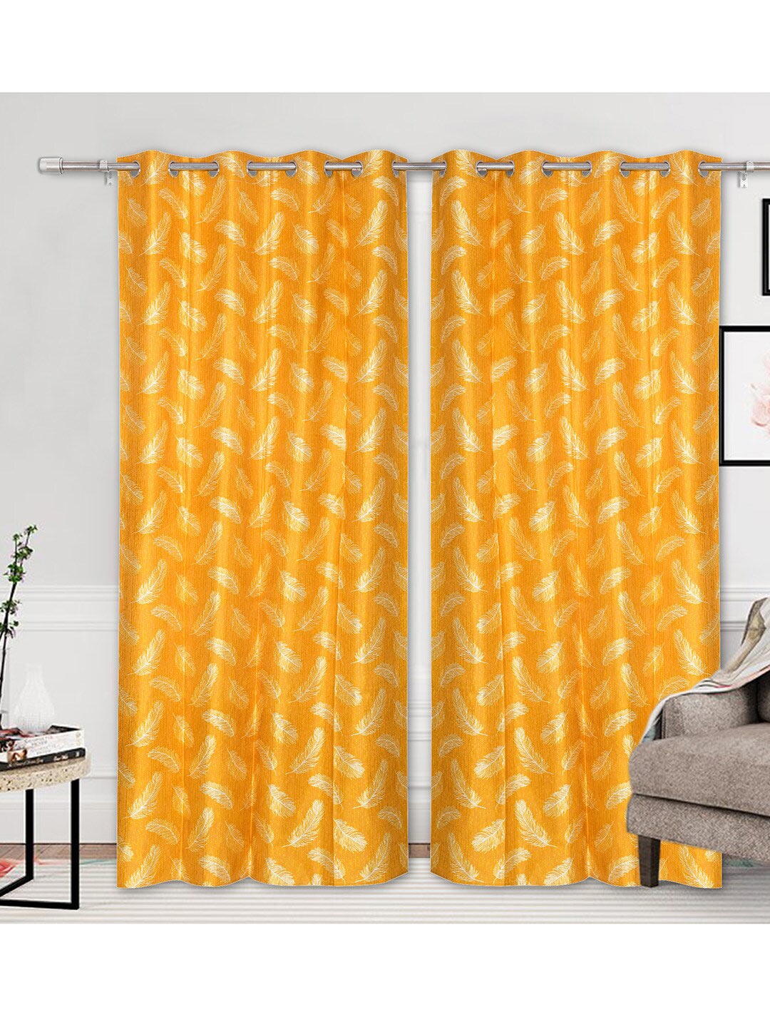 

Urban Magic Yellow & White Set of 4 Floral Cotton Room Darkening Long Door Curtain