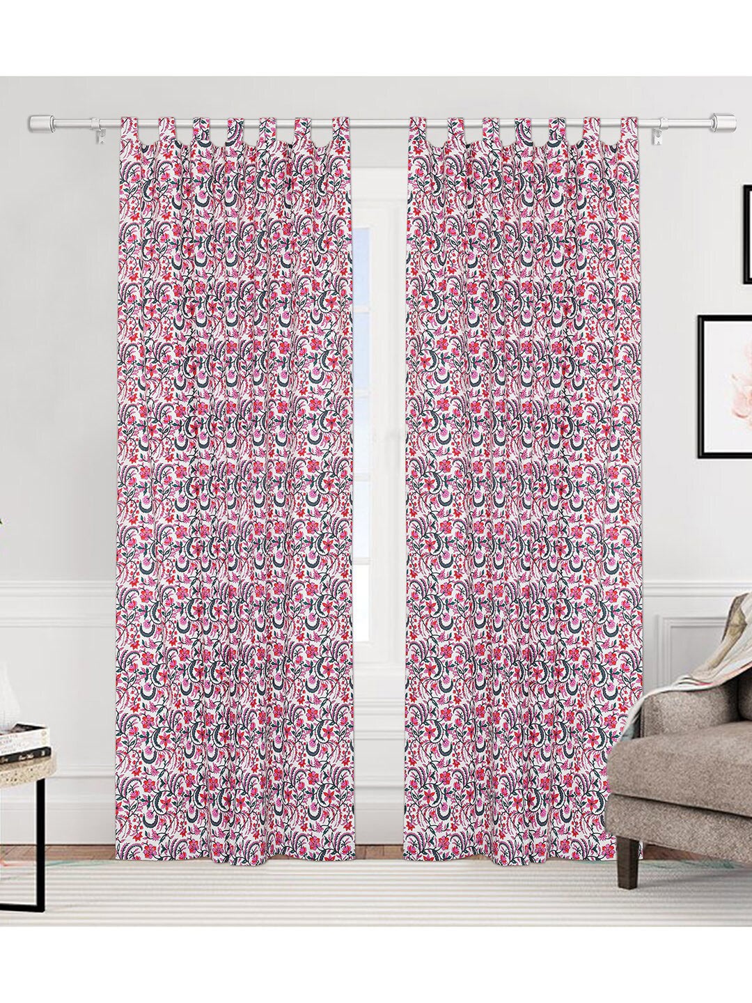 

Urban Magic White & Pink Set of 4 Floral Cotton Room Darkening Long Door Curtain