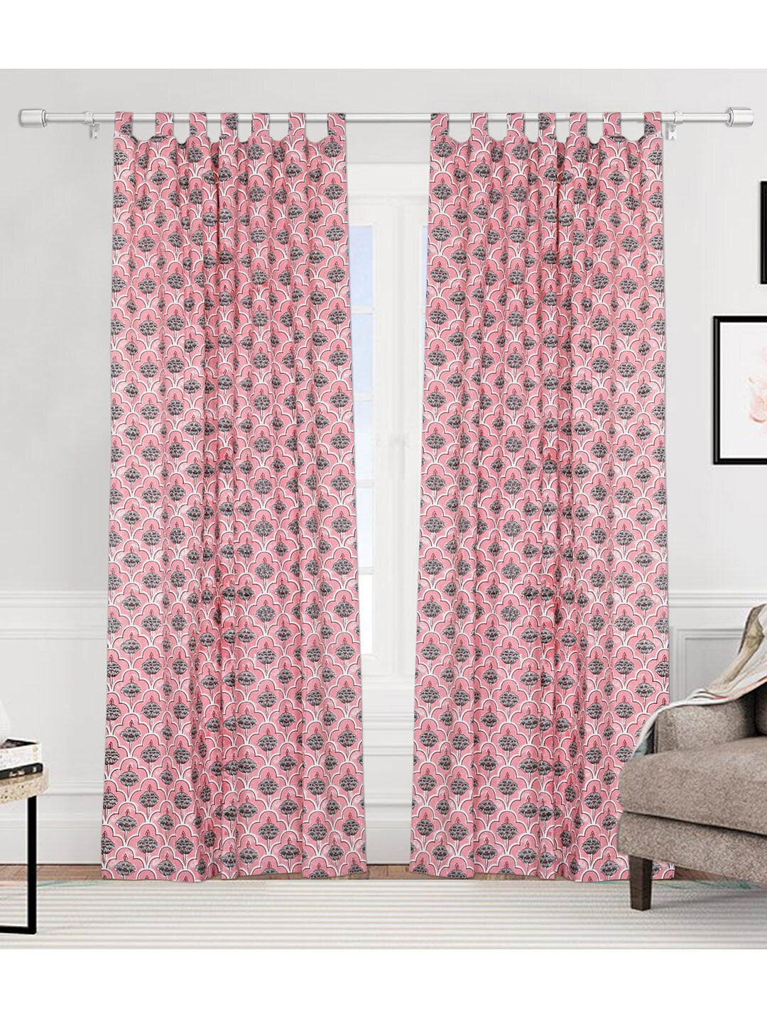 

Urban Magic Peach-Coloured & Grey Set of 2 Floral Cotton Room Darkening Long Door Curtain