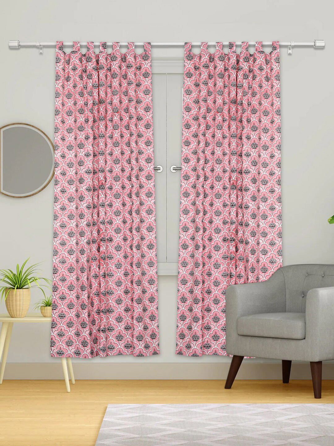

Urban Magic Peach-Coloured & White Set of 2 Floral Cotton Room Darkening Door Curtain