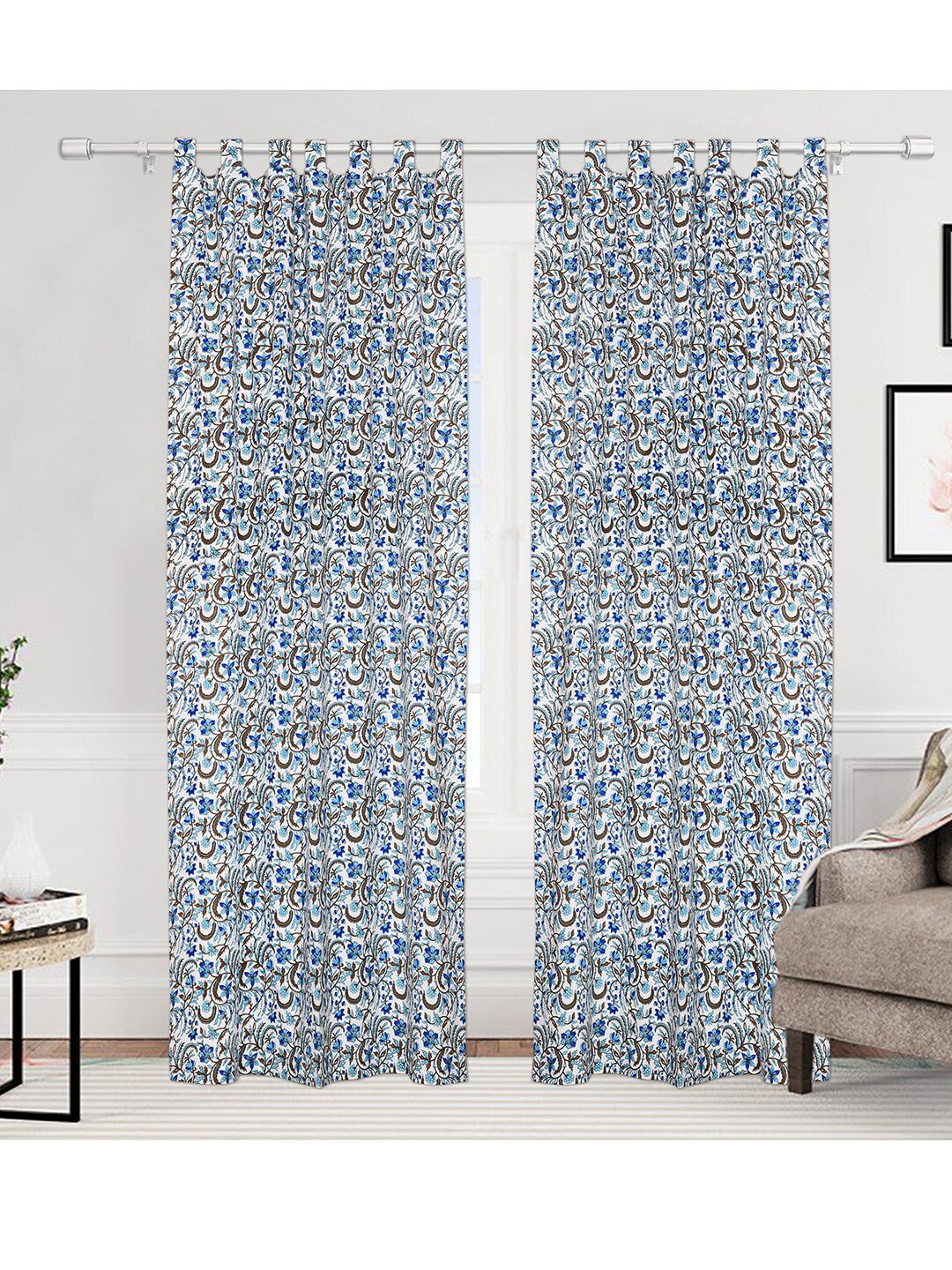 

Urban Magic White & Blue Set of 4 Floral Cotton Room Darkening Long Door Curtain