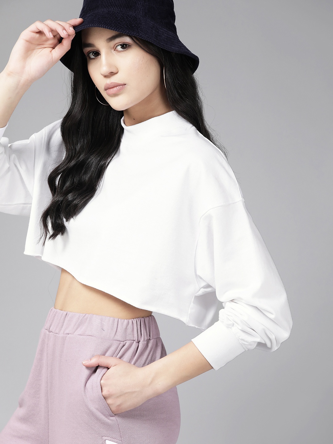 

Roadster Women Cotton Drop-Shoulder Sleeves Crop Sweatshirt, White