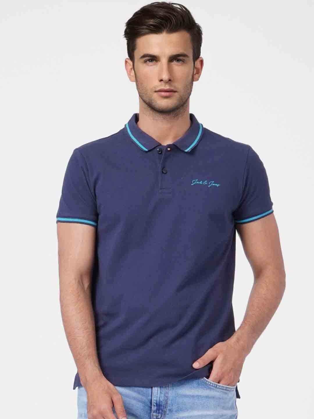 

Jack & Jones Men Polo Collar Slim Fit Cotton T-shirt, Navy blue