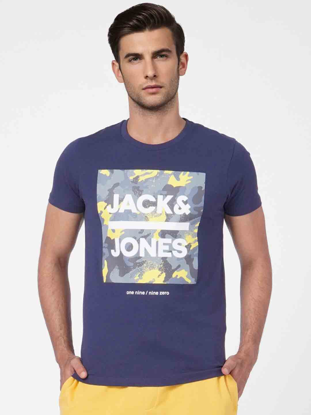 

Jack & Jones Men Typography Printed Slim Fit Cotton T-shirt, Navy blue
