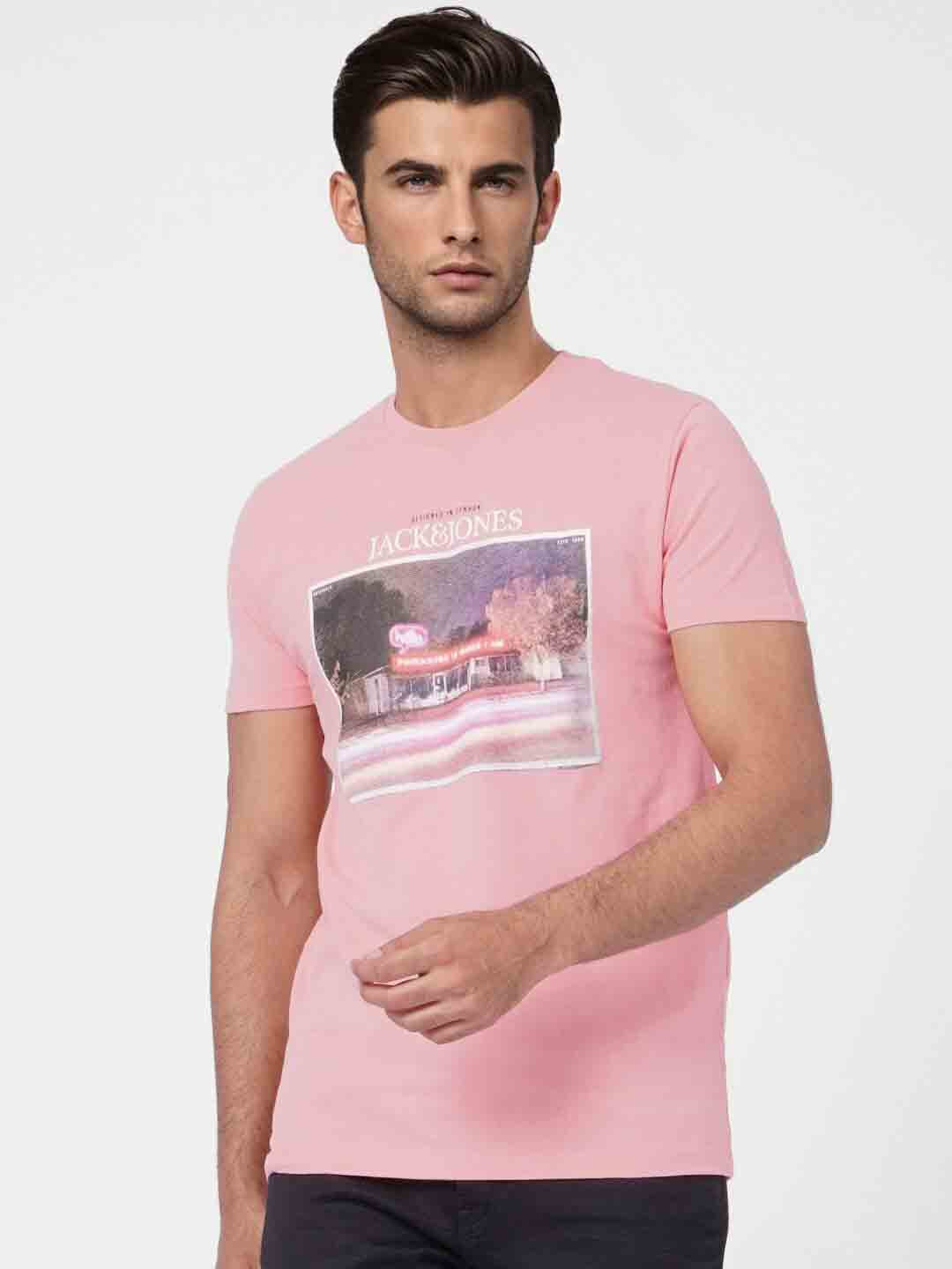 

Jack & Jones Men Printed Slim Fit Cotton T-shirt, Pink