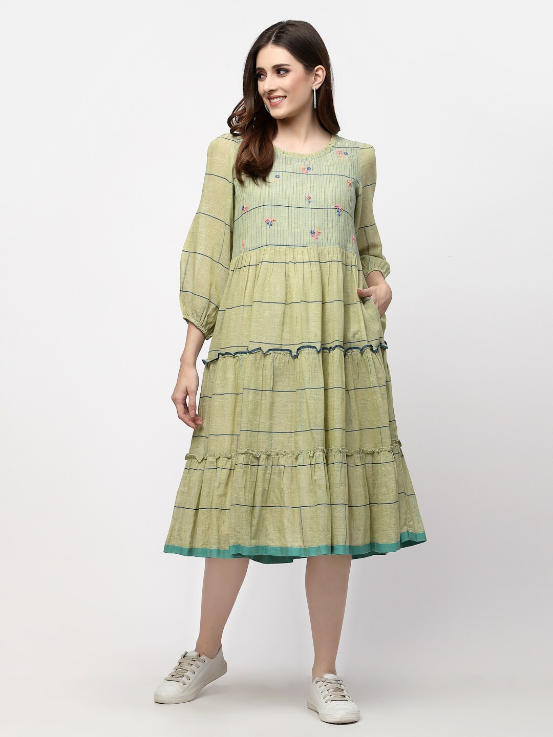 

TERQUOIS A-Line Midi Pure Cotton Dress, Green