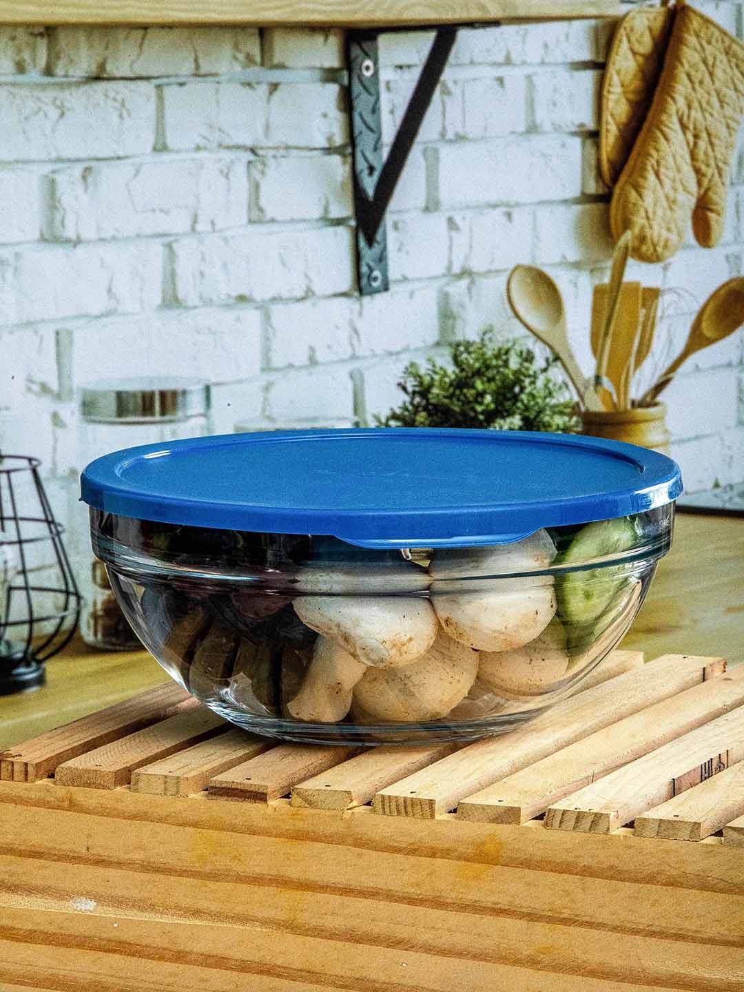 

Pasabahce Transparent & Blue Set of 2 Dishwasher Safe Glass Bowls With Lid 1.7 Ltr Each