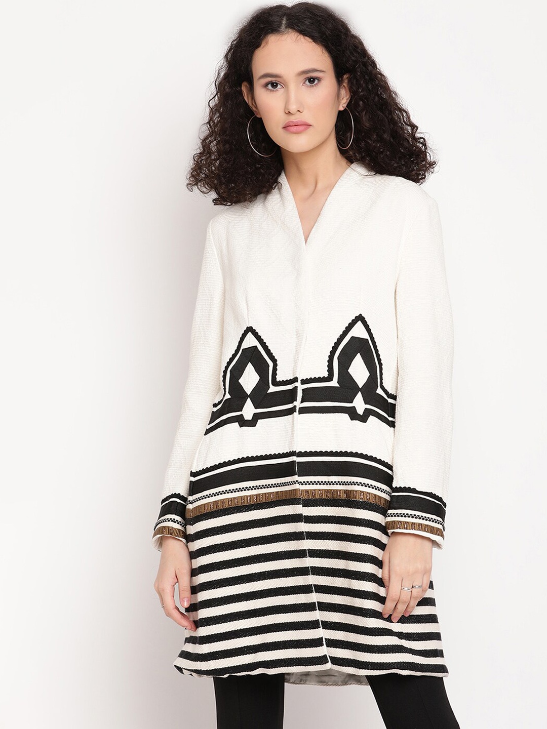 

Amagyaa Women Striped Cotton Longline Tailored Jacket, White