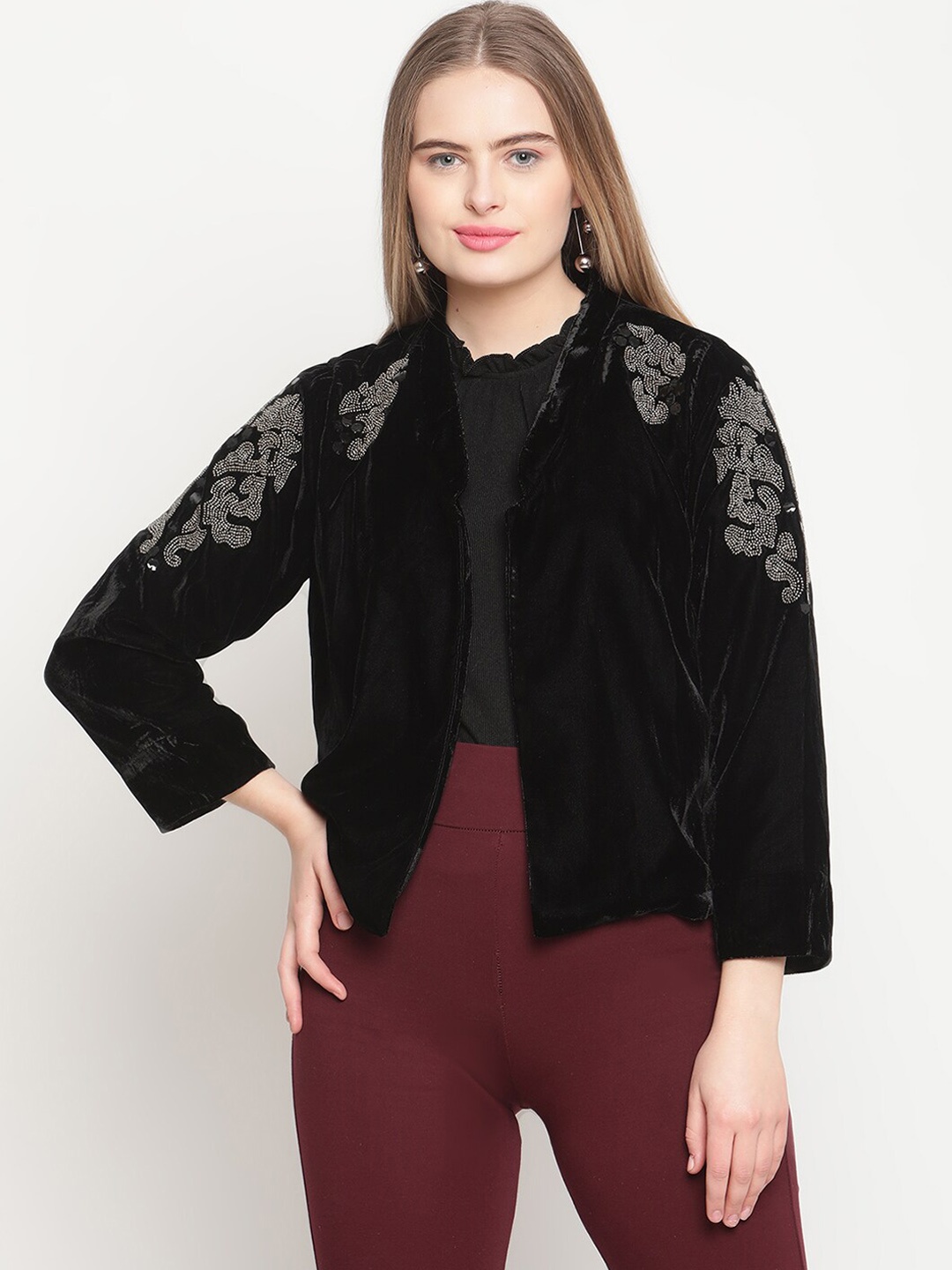 

Amagyaa Women Floral Open Front Jacket with Embroidered, Black