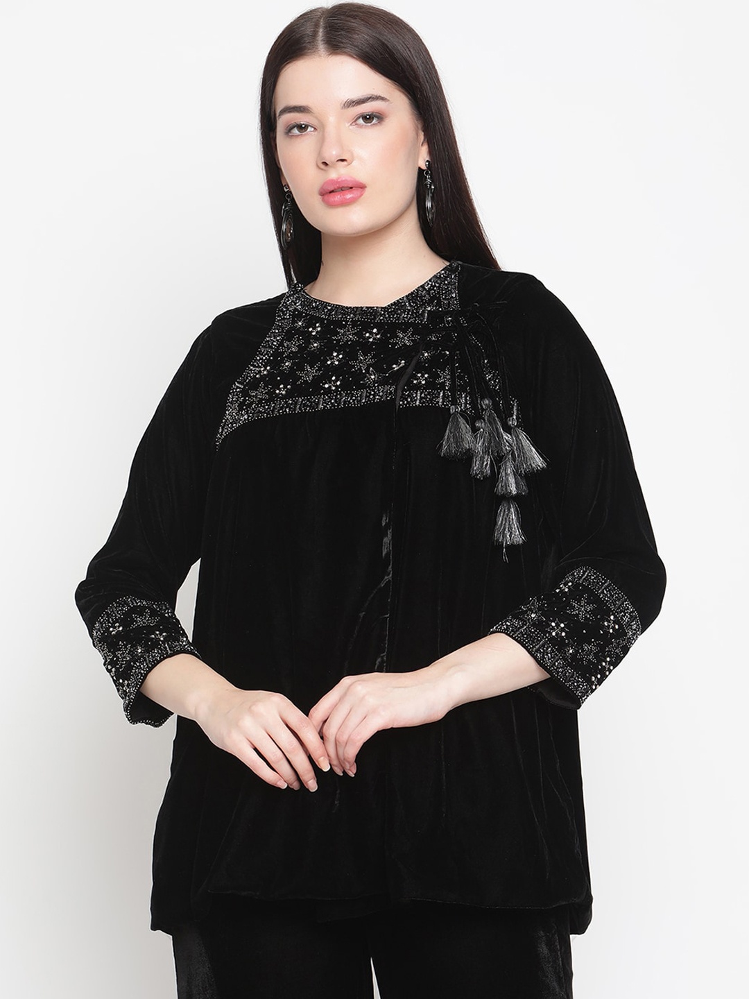 

Amagyaa Self Design Velvet Wrap Top, Black
