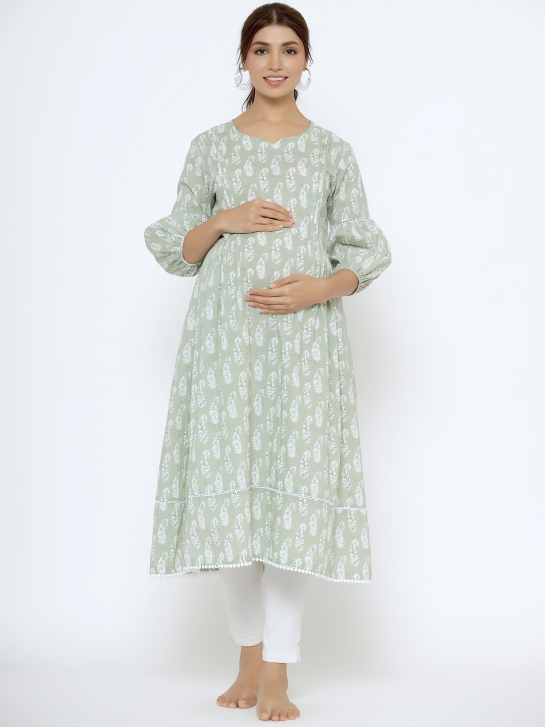 

Ikk Kudi by Seerat Floral Maternity Pure Cotton Kurta, Green