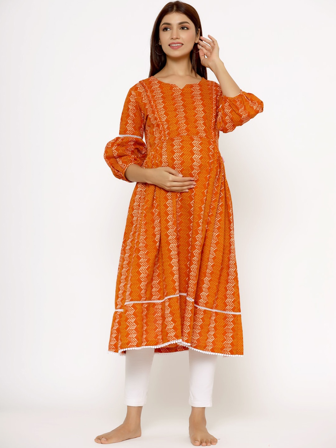 

Ikk Kudi by Seerat Ethnic Motifs Printed Pure Cotton Maternity Kurta, Orange