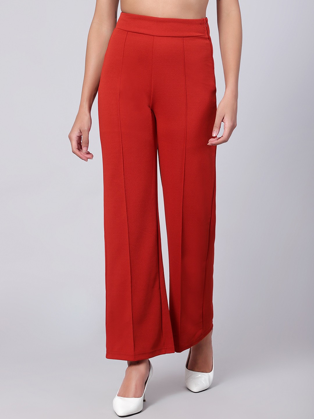 

Kotty Women Relaxed Straight Fit High-Rise Easy Wash Pleated Trousers, Orange