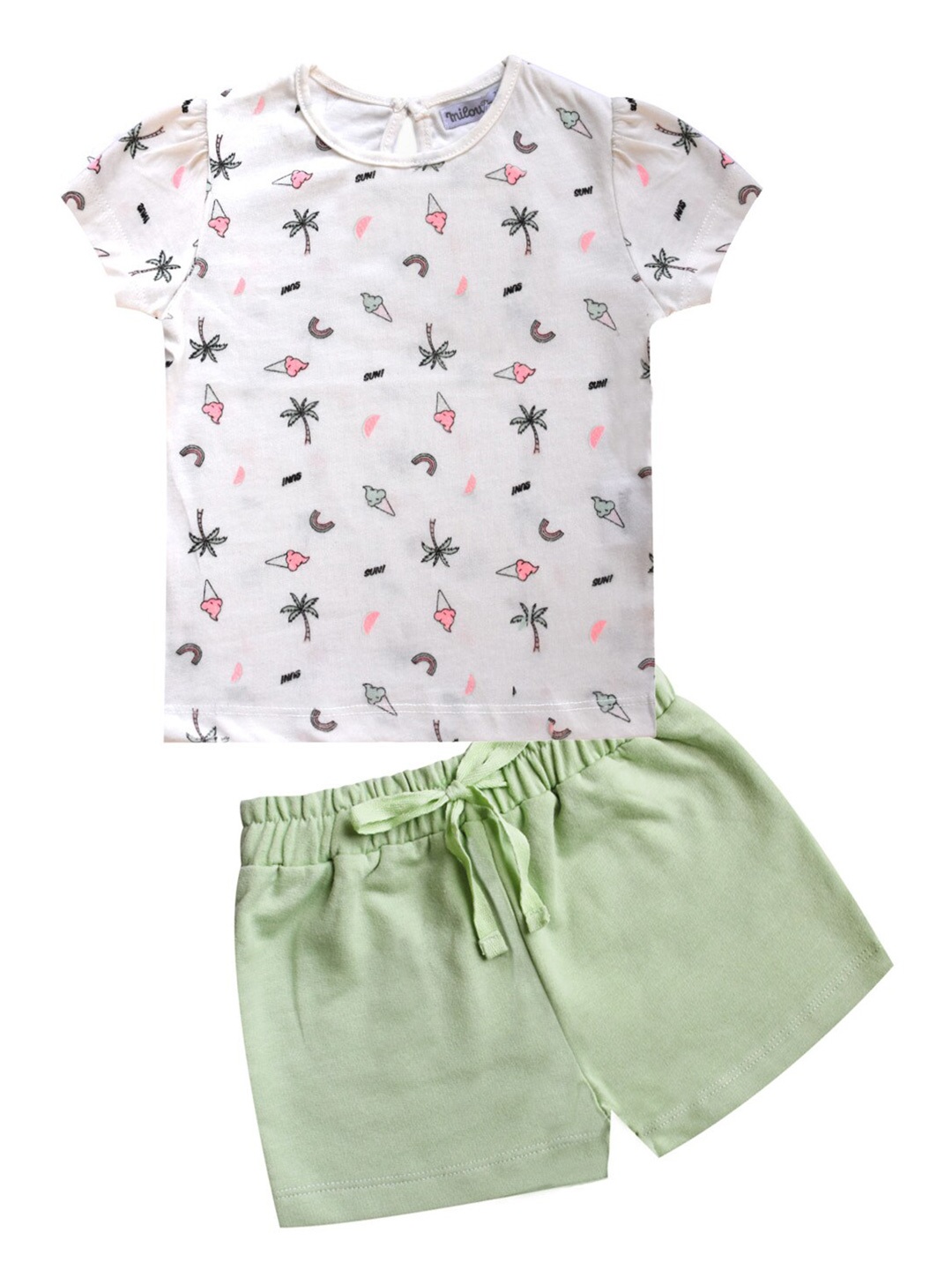 

milou Girls Printed Pure Cotton T-shirt with Shorts, White