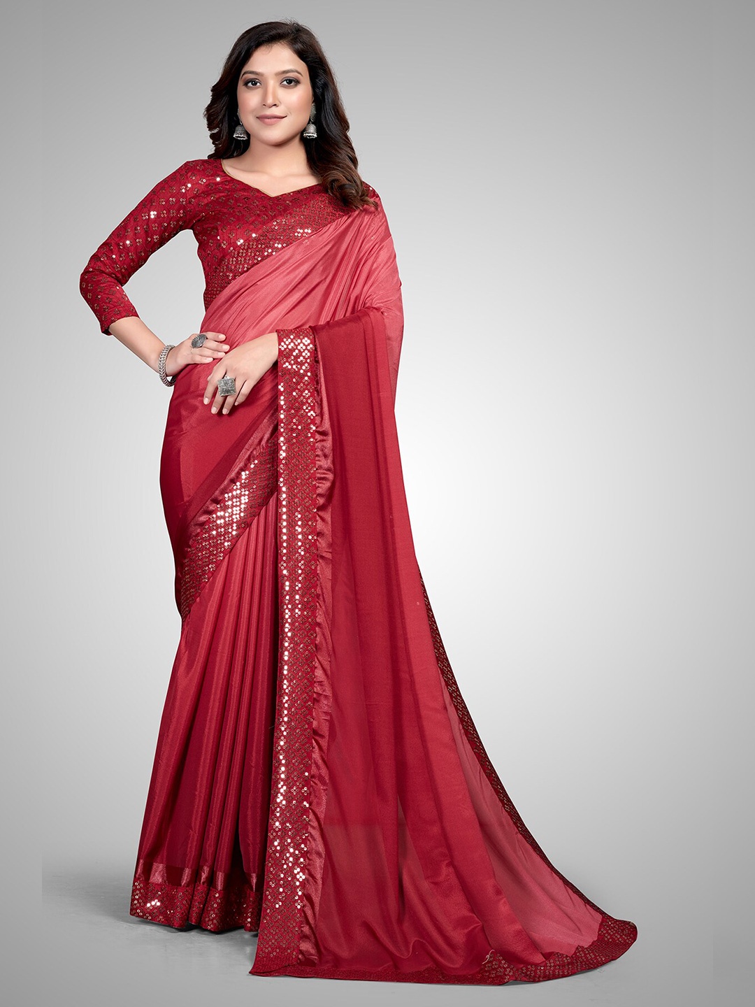 

Granthva Fab Red & Silver-Toned Sequinned Silk Blend Saree