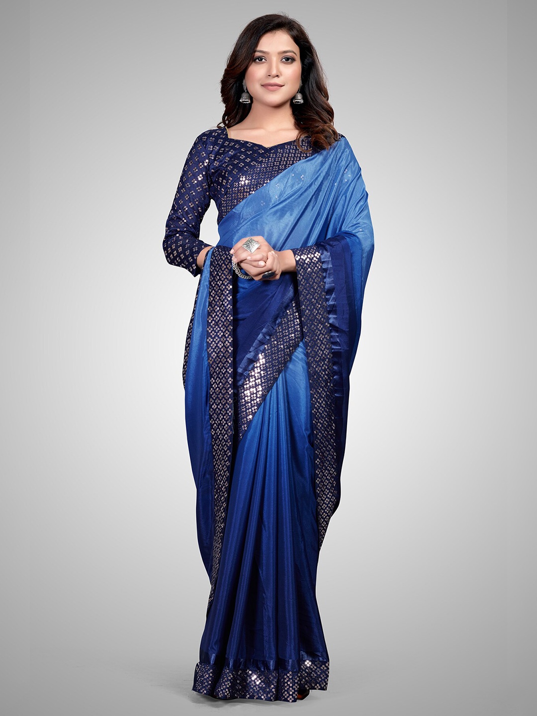 

Granthva Fab Blue Sequinned Silk Blend Saree