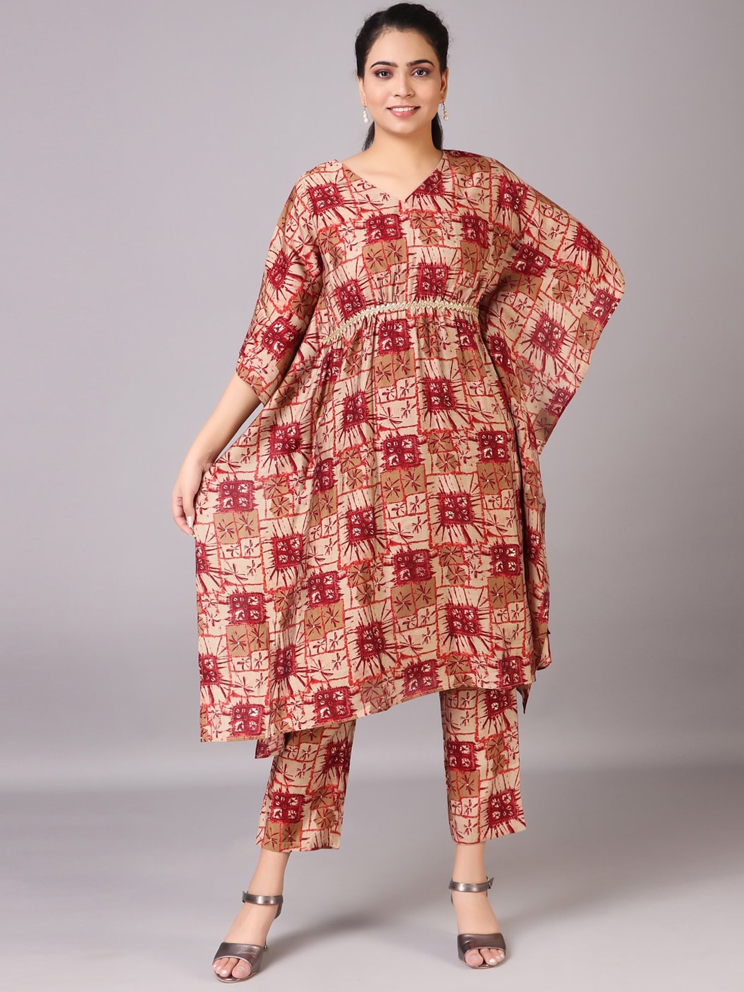 

V TRADITION Women Beige Printed Kurta with Trousers