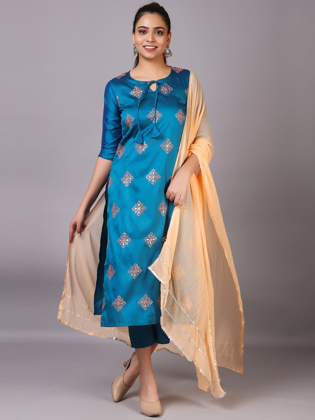 

V TRADITION Ethnic Motifs Embroidered Kurta with Trousers & Dupatta, Blue